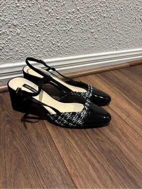 Nine West Black & White Tweed Slingback Block Heels